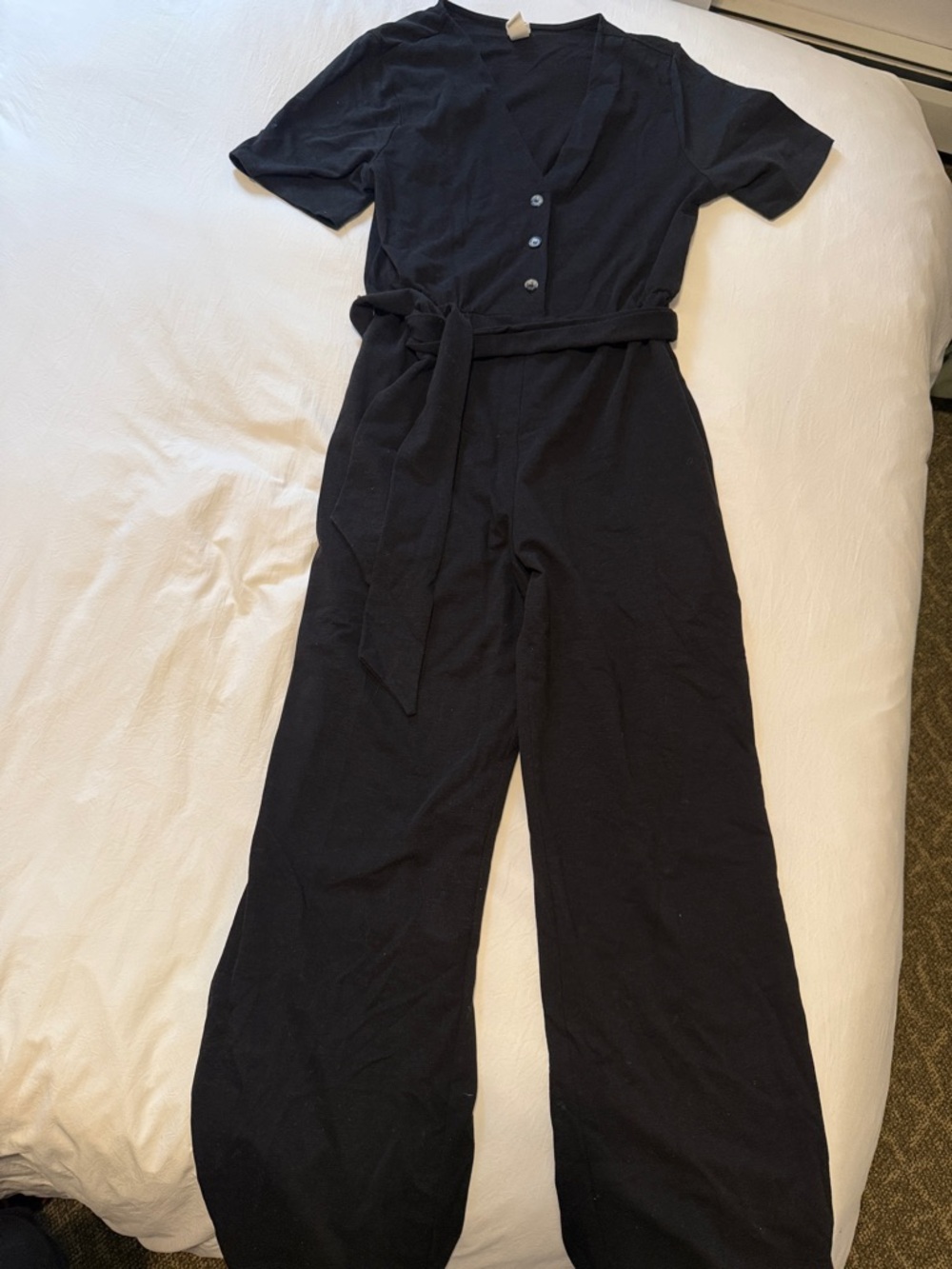 H&M Black Short-Sleeve Belted V-Neck Jumpsuit